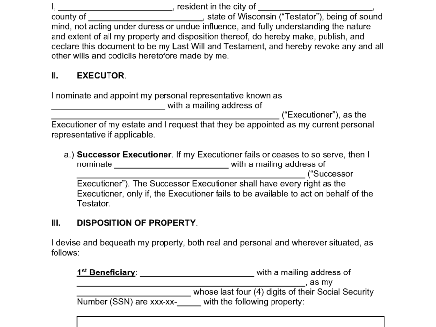 Free Wisconsin Last Will And Testament Form PDF WORD ODT