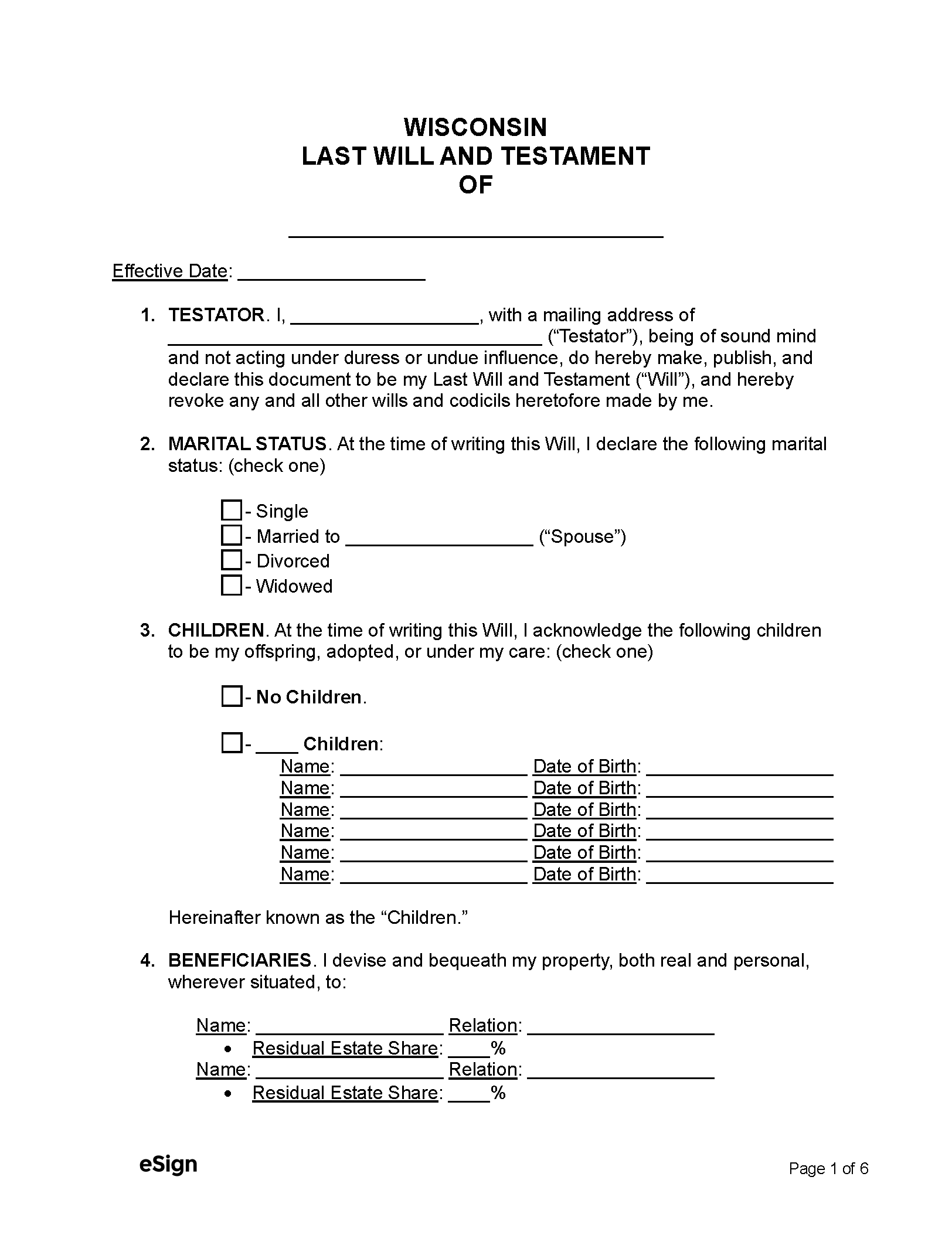 Printable Last Will And Testament Form Wisconsin Free