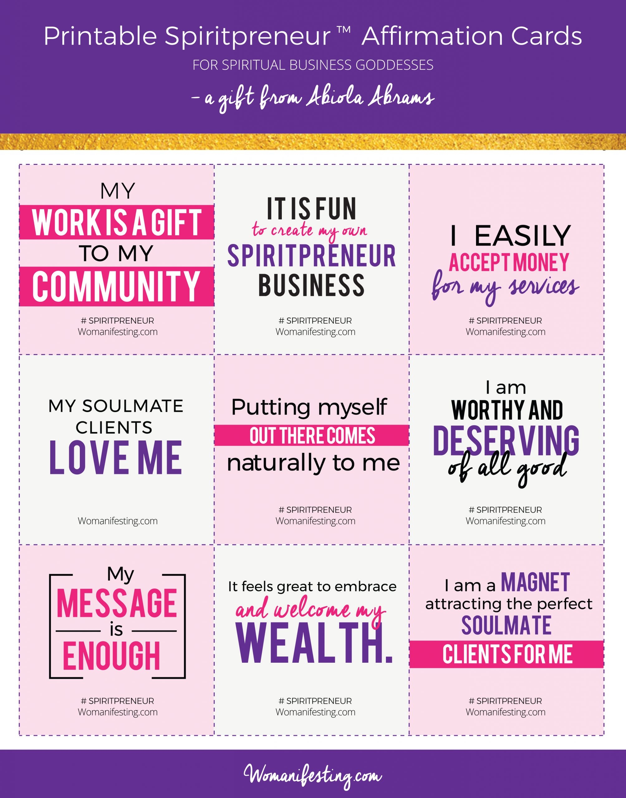 Free Womanifesting Spiritpreneur Affirmation Cards Printable Inspiration Womanifest Your Power With Abiola Spirit Mindset Success