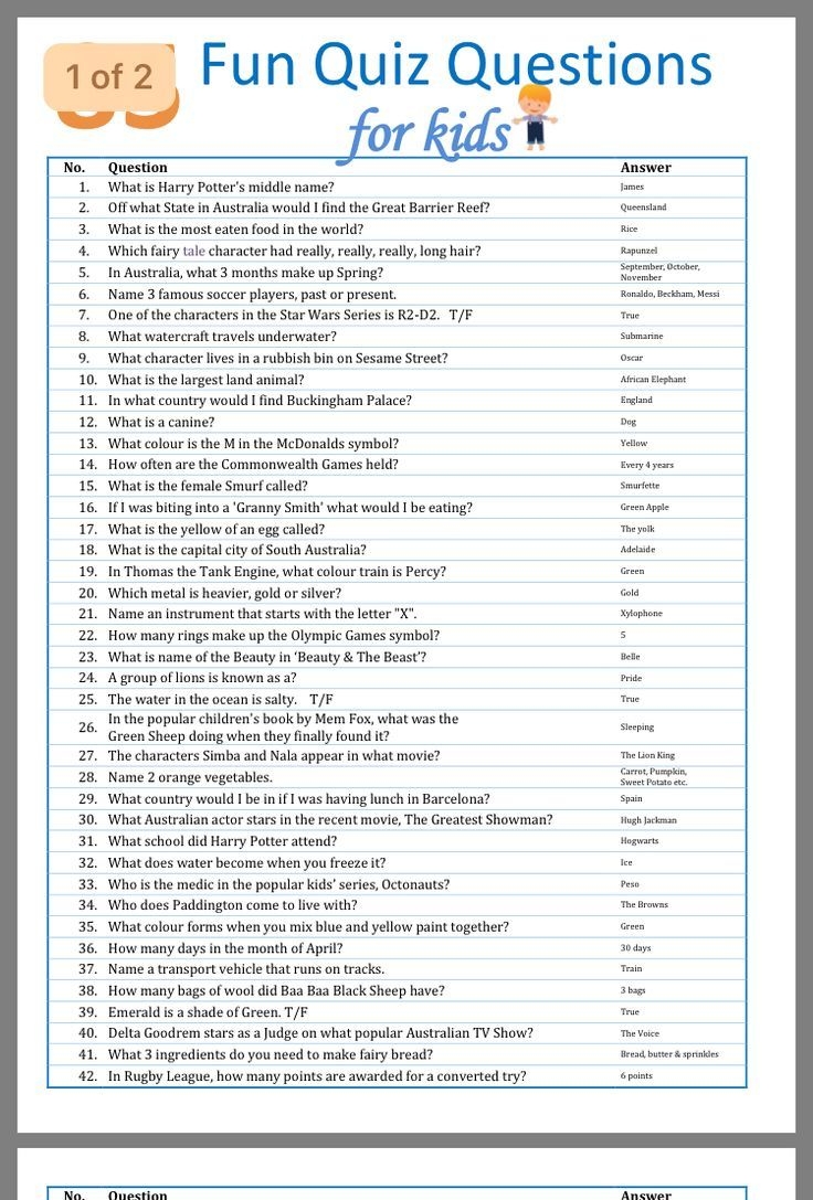 Fun Quiz Questions For Kids Printable Activity Book With Answers