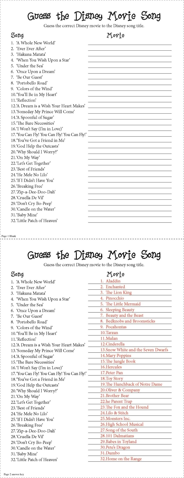 Guess The Disney Movie Song Party Game I Made This For A Baby Shower Based Off A Internet Qui But It Could Be Used For Anything Not As Easy As It Looks 