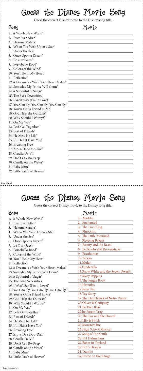 Guess The Disney Movie Song Party Game I Made This For A Baby Shower Based Off A Internet Qui But It Could Be Used For Anything Not As Easy As It Looks 