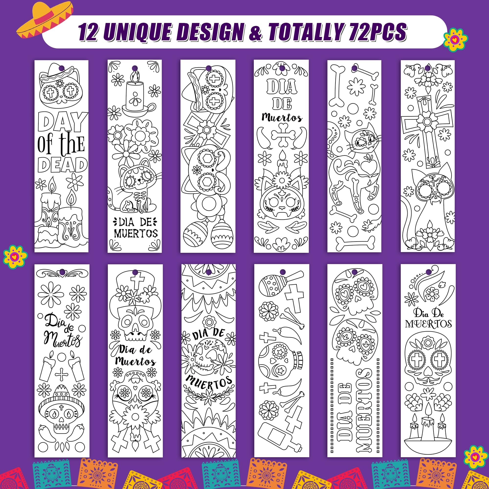 Haooryx 75Pcs Day Of The Dead Color Your Own Bookmarks Kids DIY Coloring Blank Bookmarks Mexican