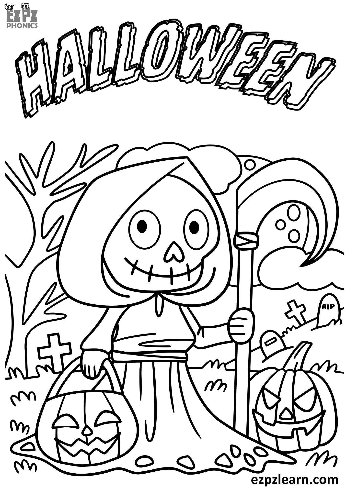 Happy Halloween Coloring Page Skull Printable Free PDF Download Ezpzlearn