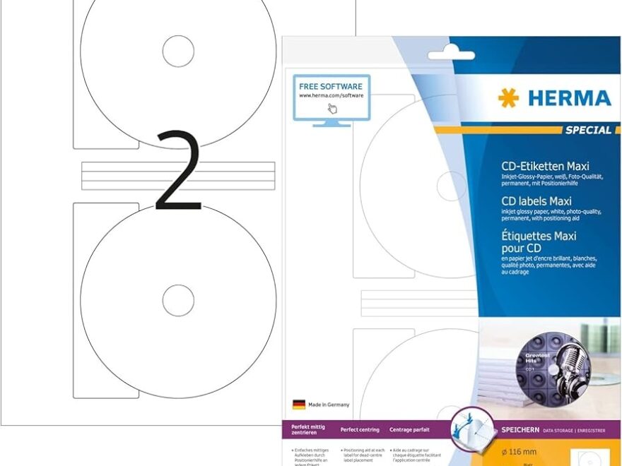 HERMA 8885 CD DVD Labels Incl Positioning Aid For Inkjet Printers A4 116 Mm MAXI 10 Sheets Paper Glossy Self adhesive Printable Permanently Clear CD Stickers 20 Labels White Amazon nl Stationery