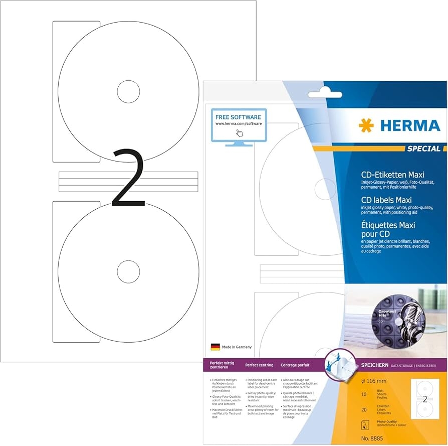 HERMA 8885 CD DVD Labels Incl Positioning Aid For Inkjet Printers A4 116 Mm MAXI 10 Sheets Paper Glossy Self adhesive Printable Permanently Clear CD Stickers 20 Labels White Amazon nl Stationery 