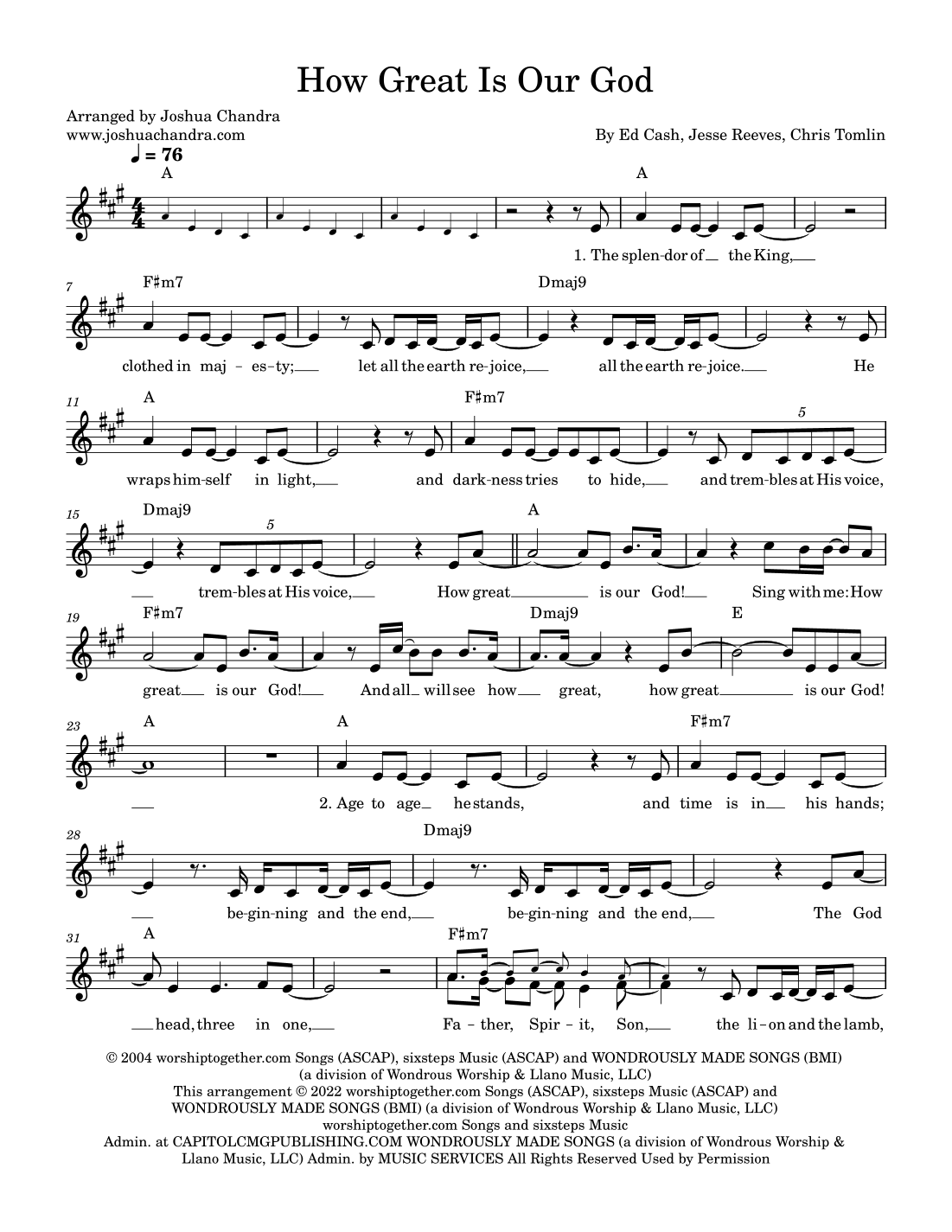 How Great Is Our God arr Joshua Chandra By Chris Tomlin Sheet Music For Piano Chords Lyrics At Sheet Music Direct