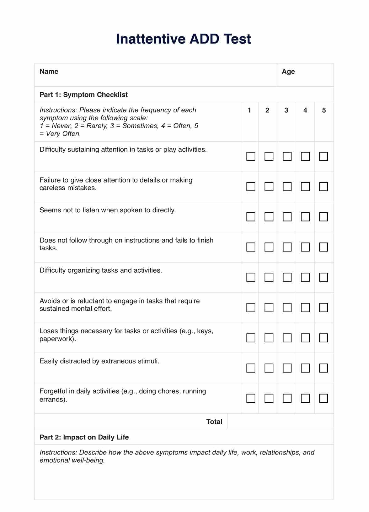Inattentive Add Test Example Free PDF Download