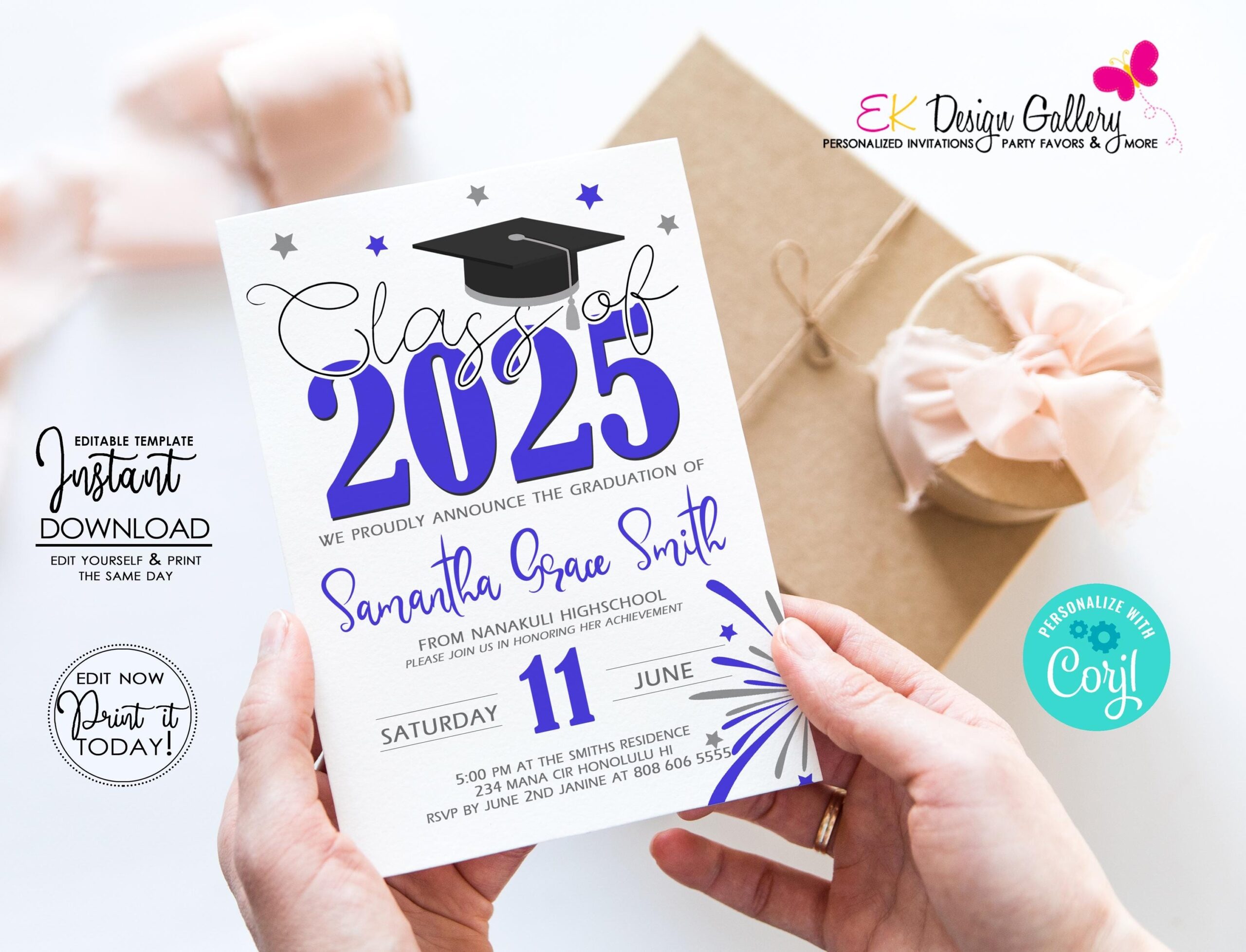 INSTANT DOWNLOAD Graduation 2025 Invitation Blue Silver Invite Graduation Party Invite Class Of 2025 Celebration Corjl EDITABLE Template Etsy