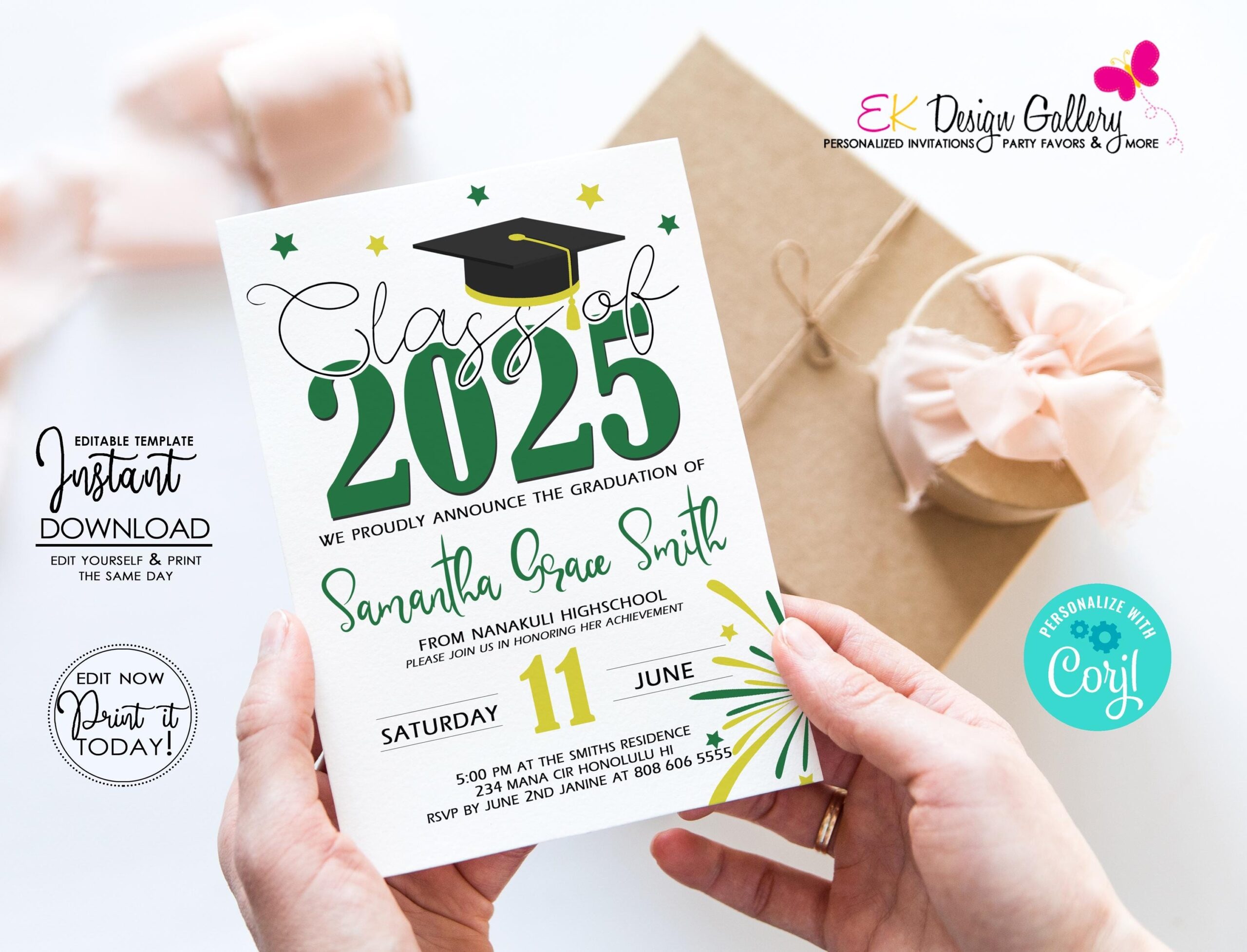 INSTANT DOWNLOAD Graduation 2025 Invitation Green Yellow Invite Graduation Party Invitation Class Of 2025 Party Corjl EDITABLE Template Etsy Canada
