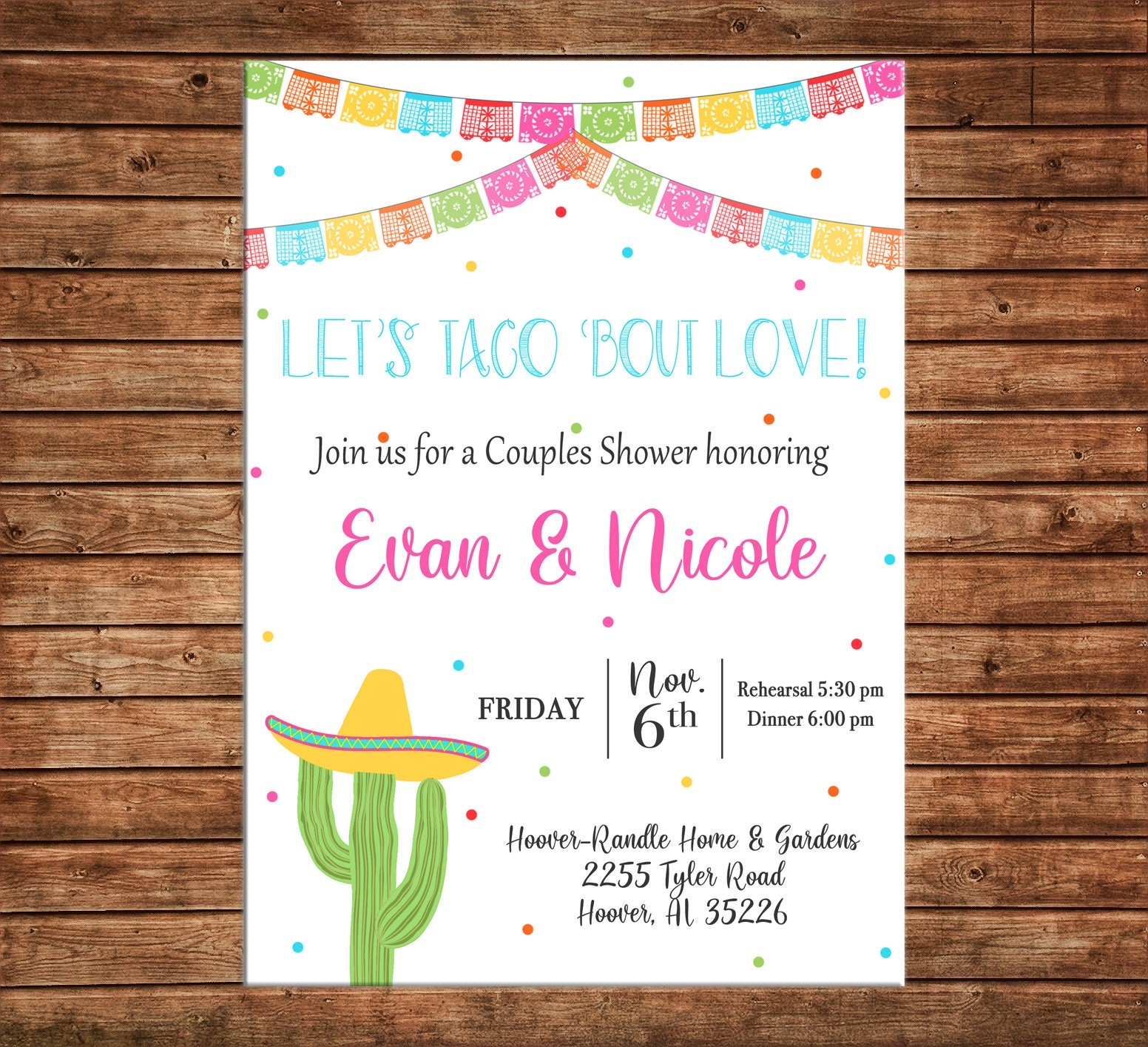 Invitation Mexican Fiesta Shower Taco Bout Love Wedding Party Can Personalize Colors wording Printable File Or Printed Cards