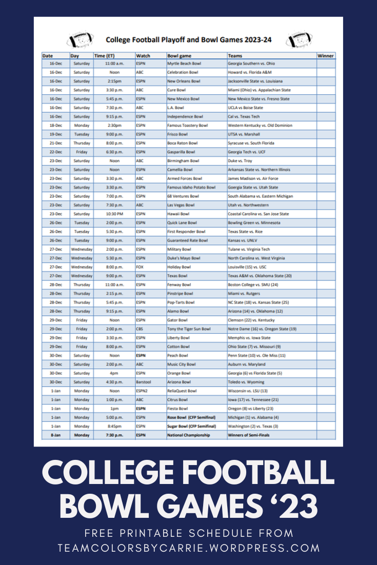 Ncaa Football Bowl Games Schedule Printable