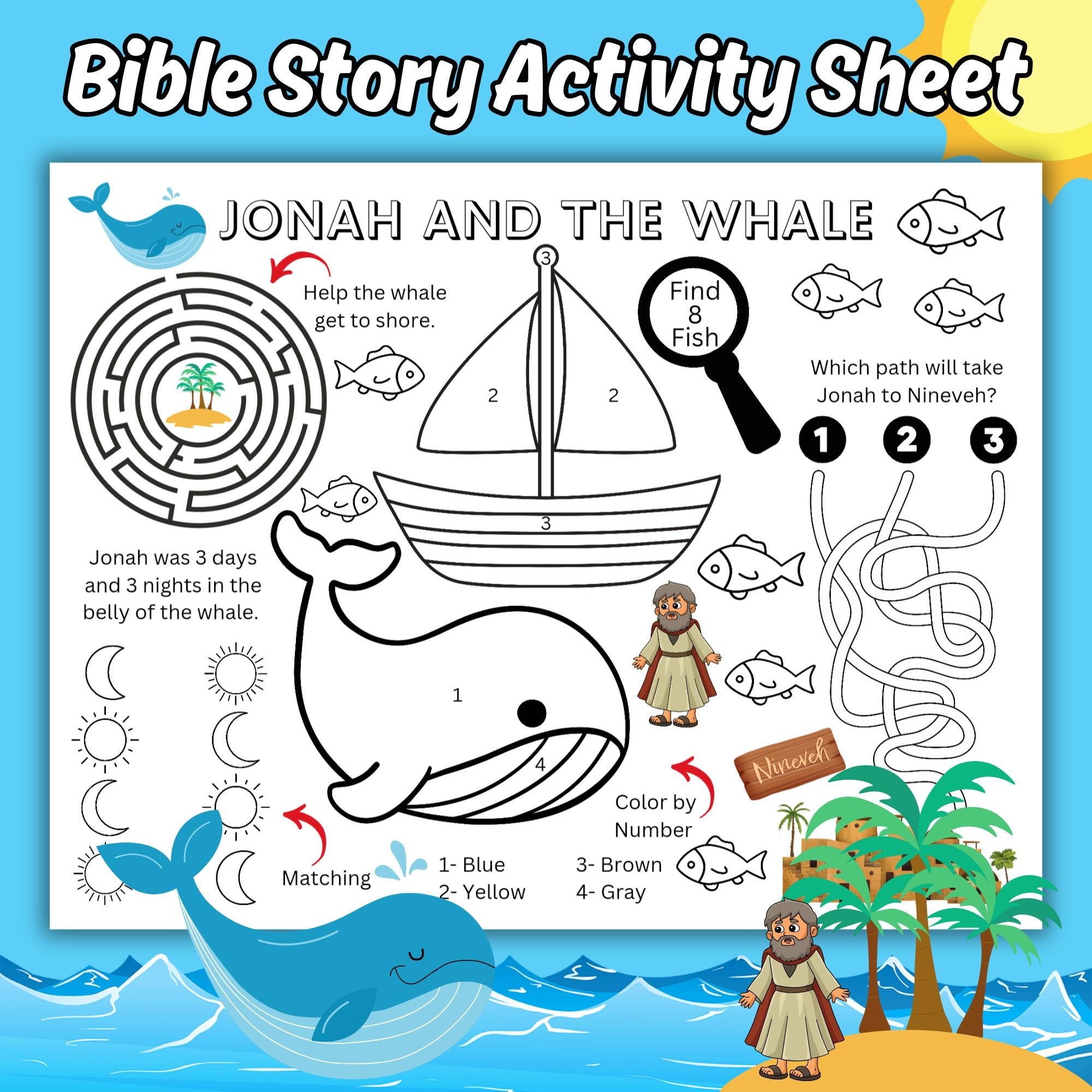 Jonah And The Whale Kids Printable Activity Sheet Bible Story Coloring Activity Page Jonah And The Whale Sunday School Activity Etsy