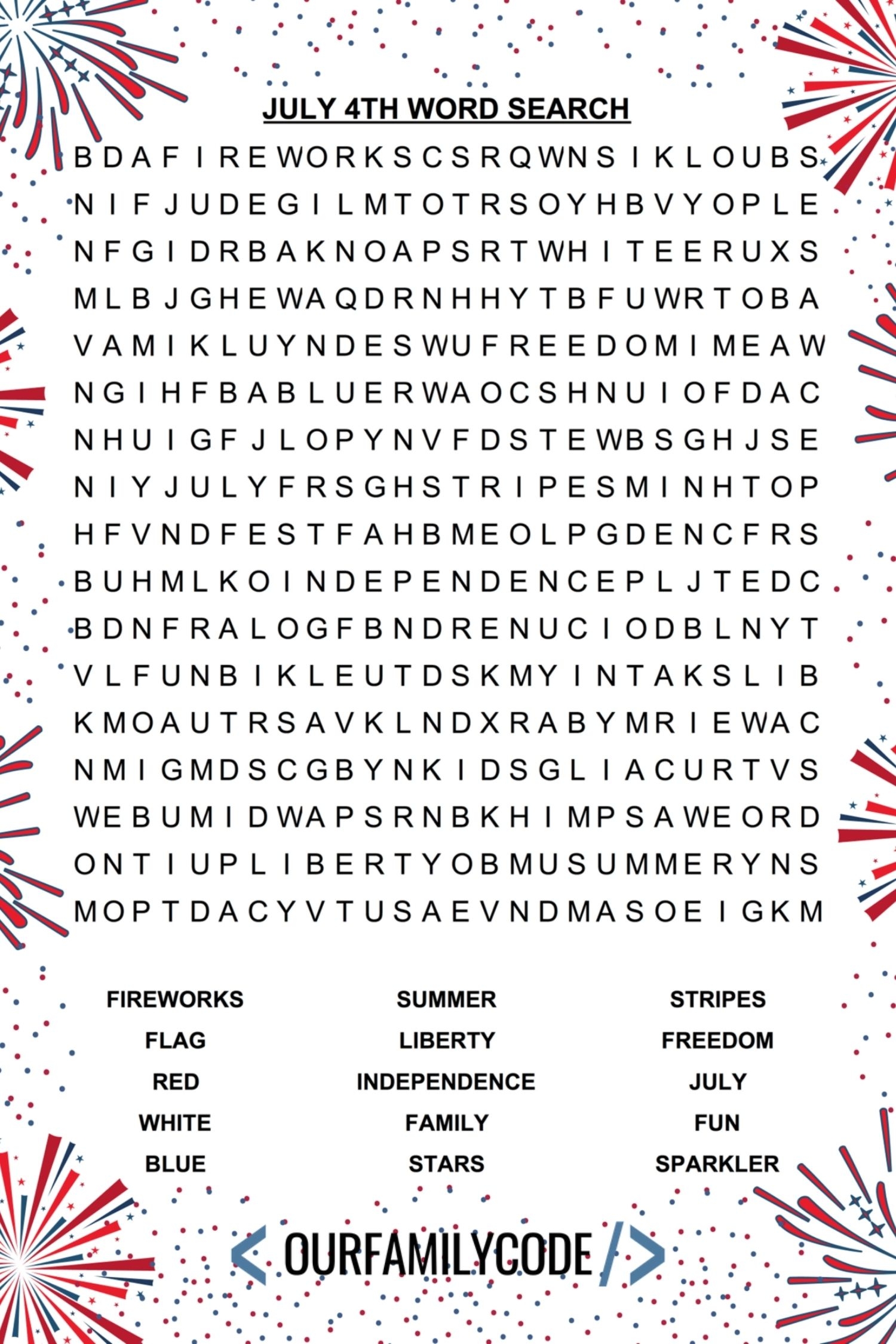 July 4th Word Search And Fireworks Coloring Pages Our Family Code