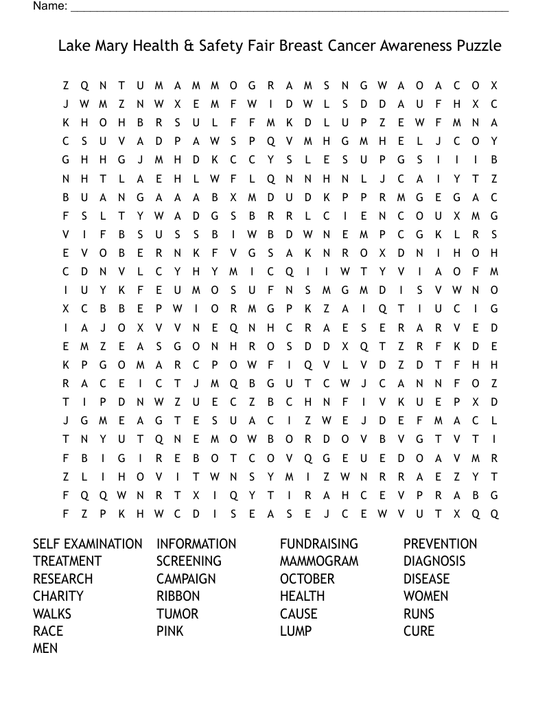 Lake Mary Health Safety Fair Breast Cancer Awareness Puzzle Word Search WordMint