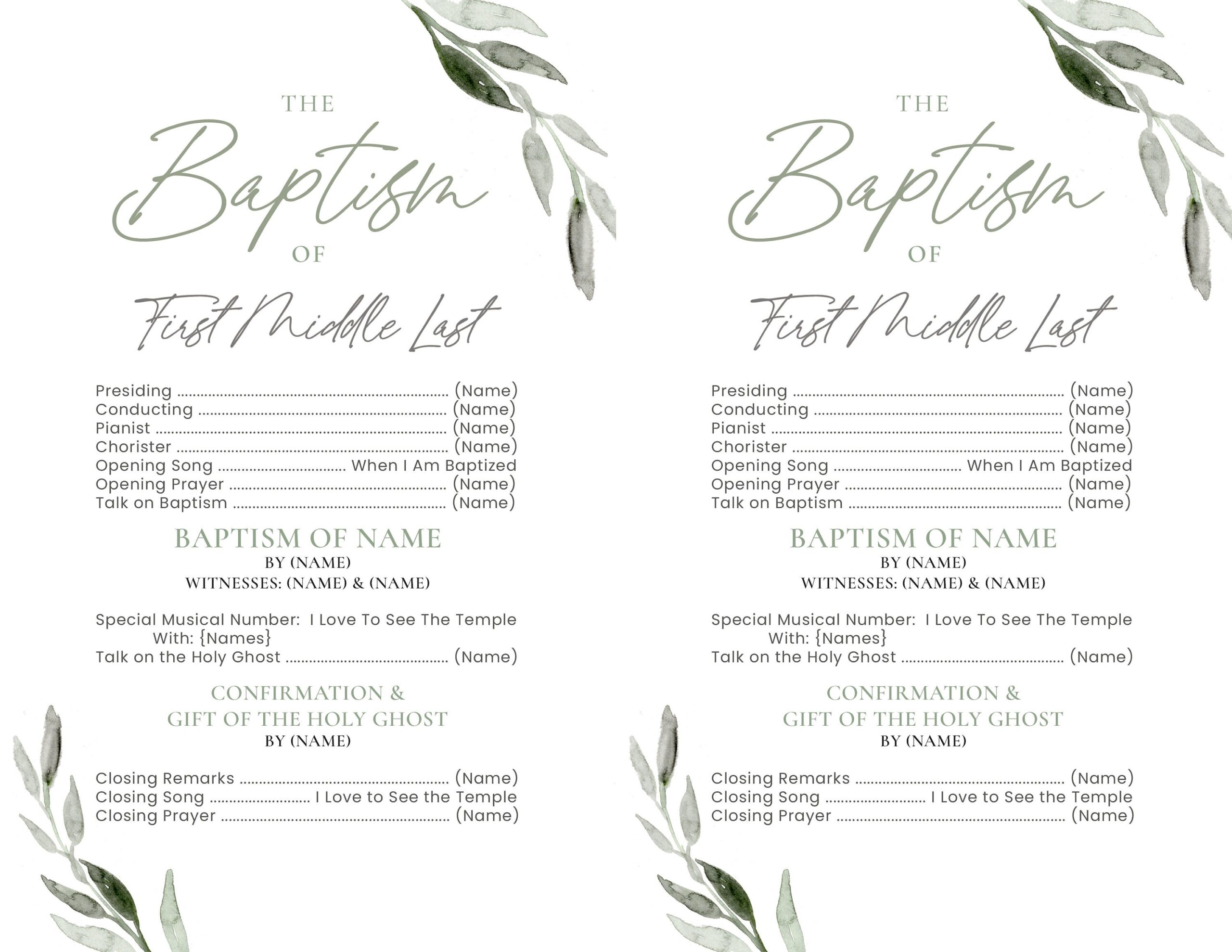 LDS Baptism Program 1 2 Sheet Baptism Program LDS Editable Olive Branch Program Instant Download Baptism Program Template Corjl