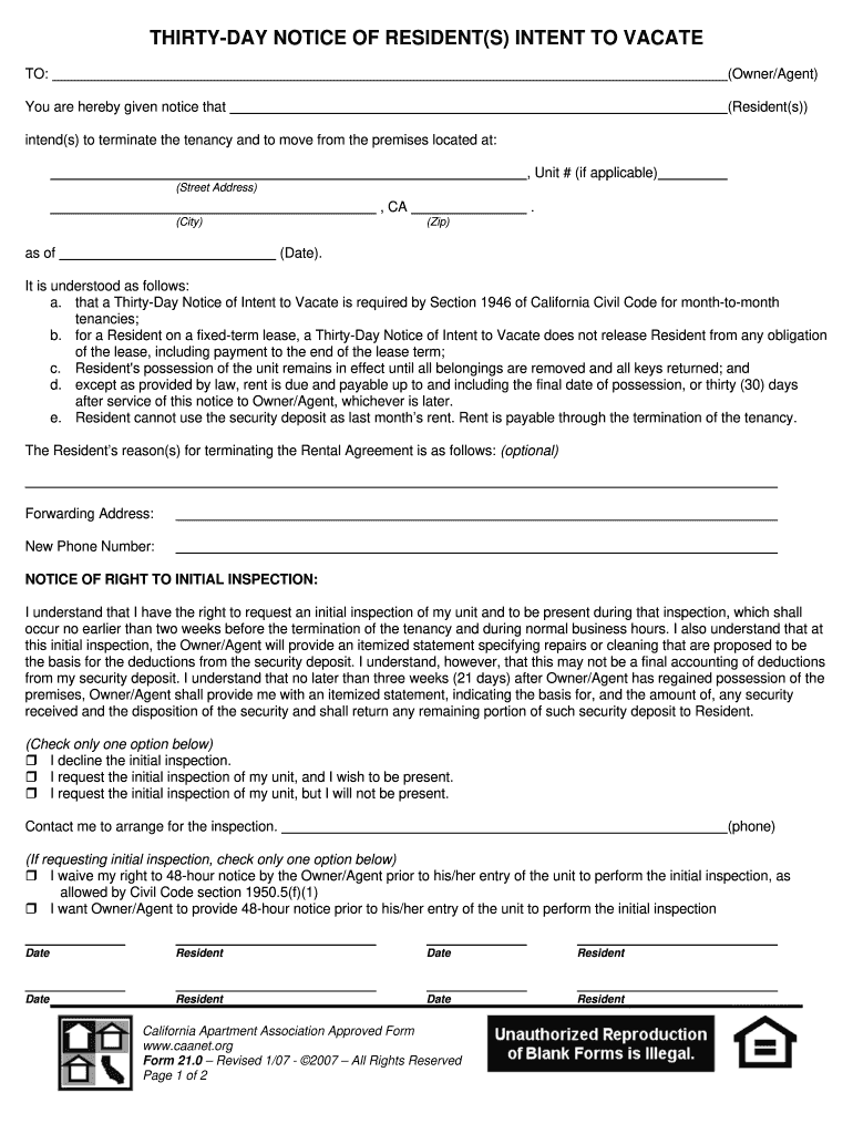 Free Printable 30 Day Notice To Vacate California