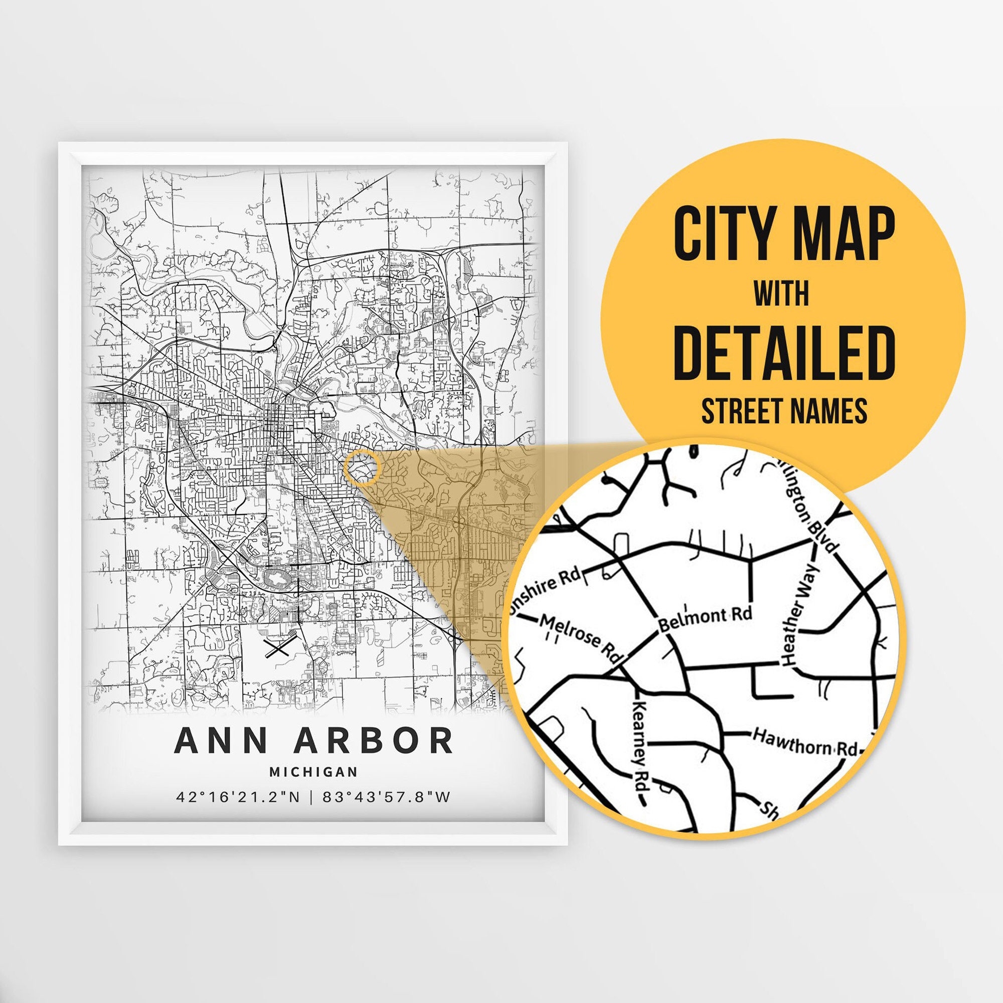 Mapa Imprimible De Ann Arbor Michigan EE UU Con Nombres De Calles Descarga Instant nea Mapa De La Ciudad Regalo De Viaje Cartel De La Ciudad Impresi n De