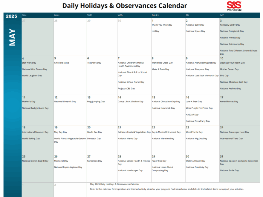 May Daily Holidays Observances Printable Calendar S S Blog