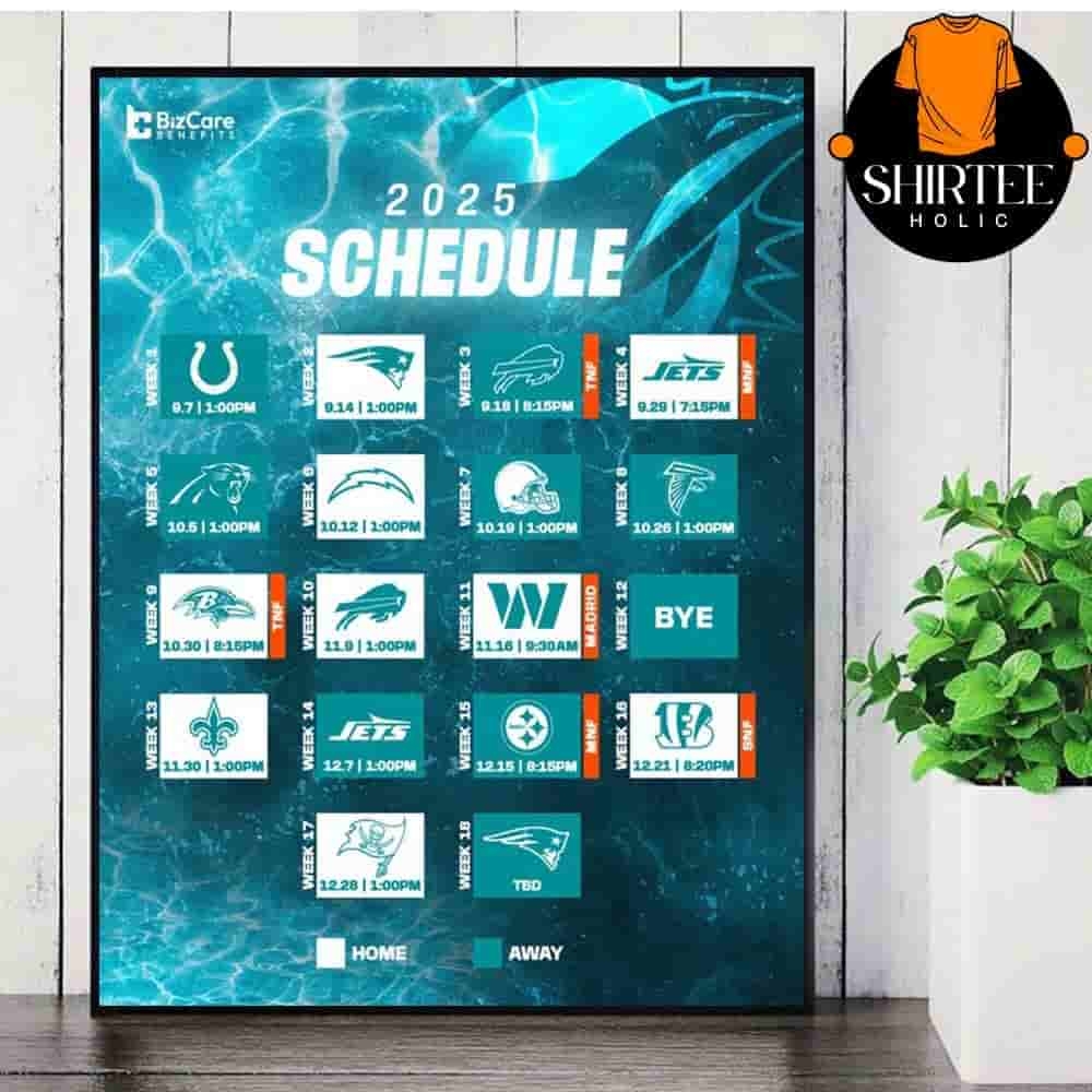 Miami Dolphins Official 2025 NFL Schedule Season 2025 2026 Wall Decor Poster Canvas Shirteeholic