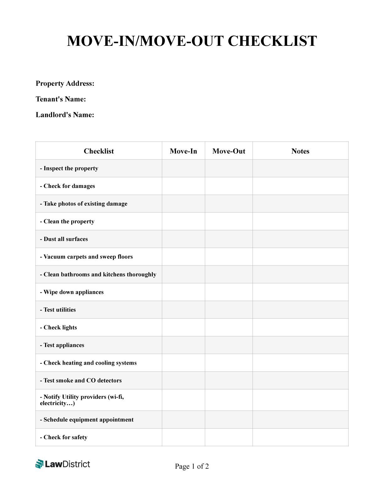 Move in Move out Checklist Landlord Tenant LawDistrict