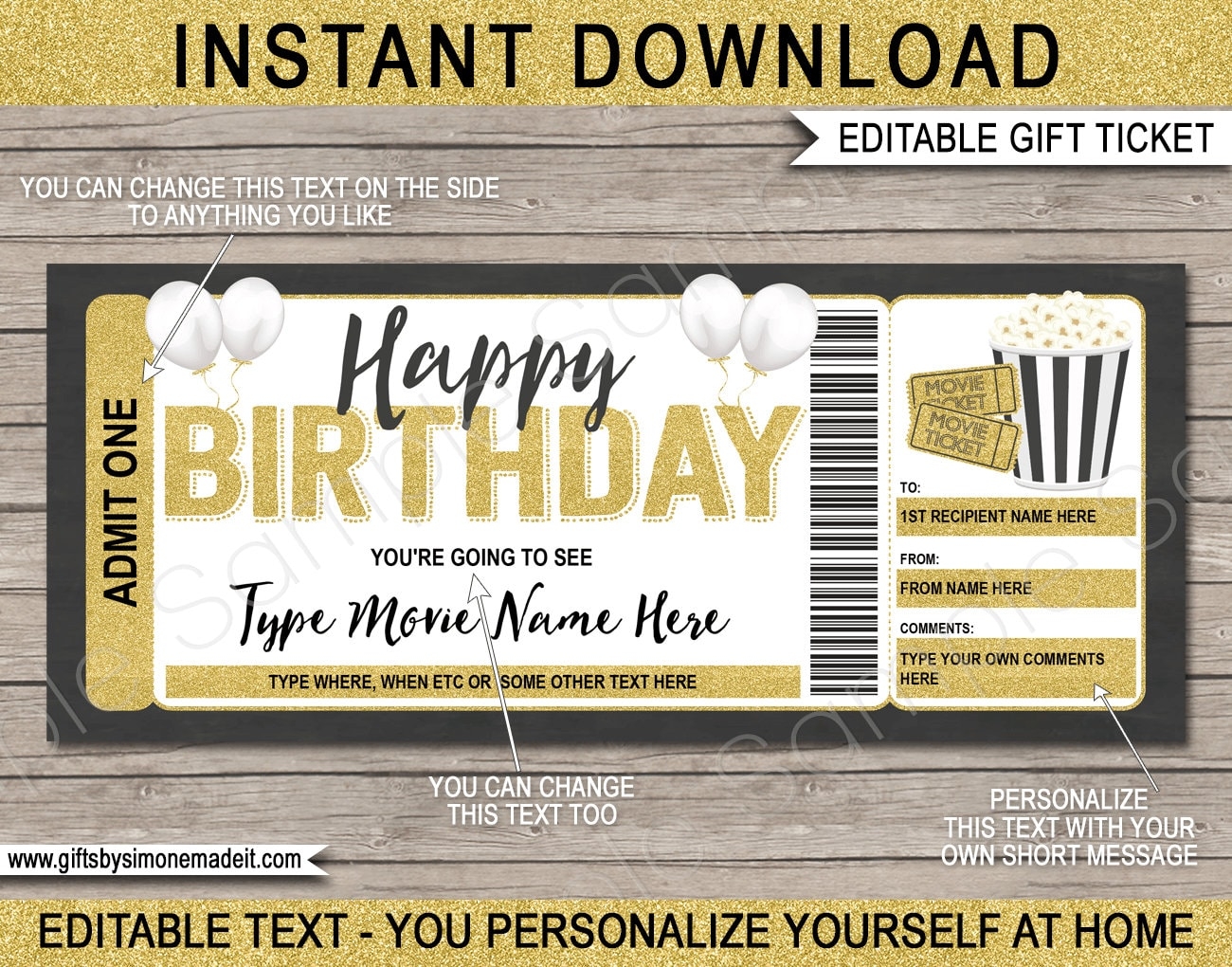 Movie Ticket Template Gift Certificate Voucher Birthday Movie Night Printable Theatre Cinema Premier DIY Coupon EDITABLE Text DOWNLOAD Etsy
