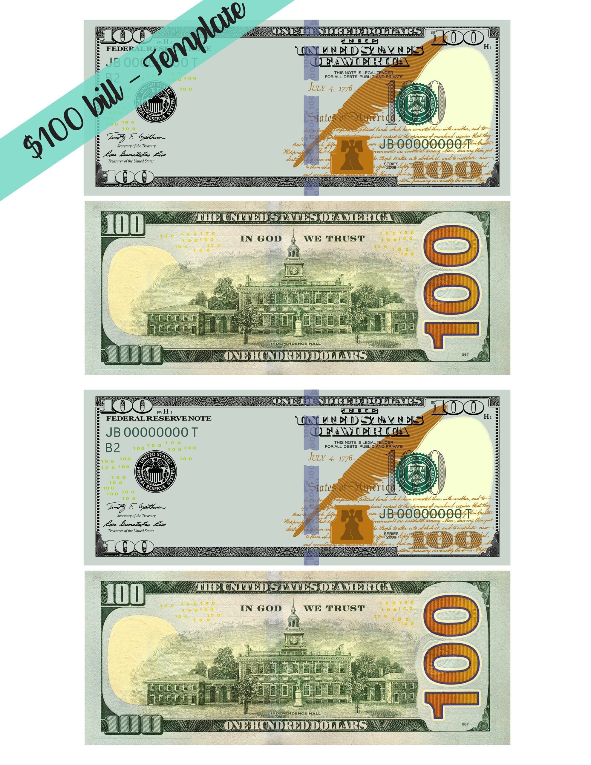 NEW 100 Dollar Bill Template Letter Page With 4 Real Size Dollar Bills Front And Backside Look A Like NEW 100 Dollar Bill Etsy