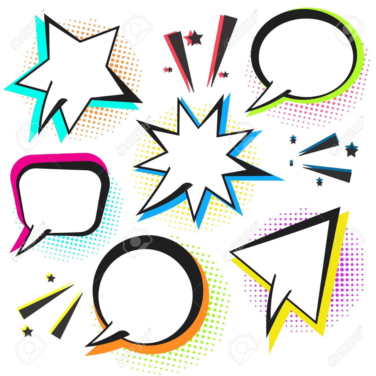 Nice Speech Bubbles With Color Shadow And Halftone Circles Communication Symbols Collection Black Outline Blank Message Clouds In Pop Art Style For Comics Book Advertisement Text Web Design Badge Royalty Free SVG 