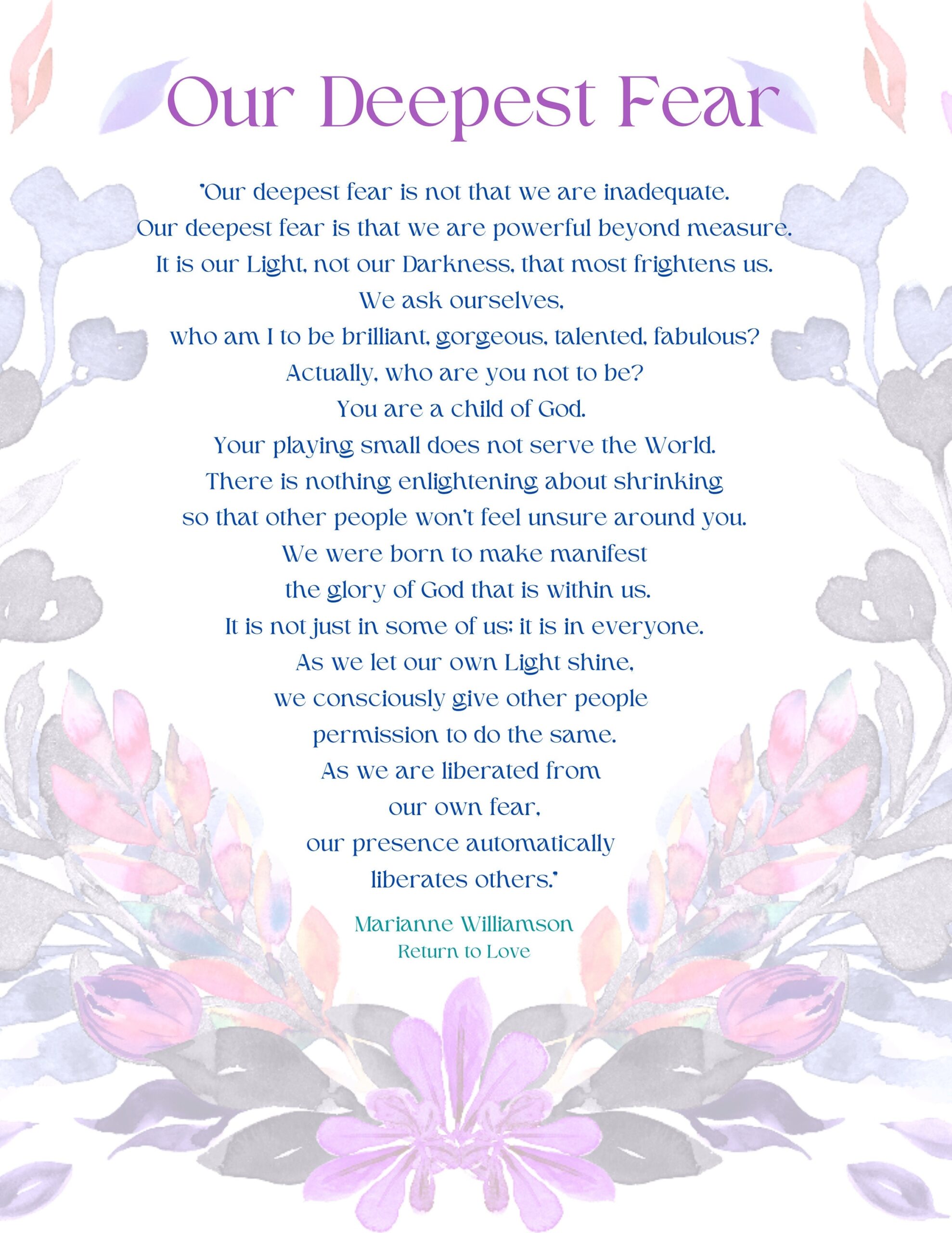 Our Deepest Fear Poem Marianne Williamson Daily Affirmation Inspirational Writing Instant Digital Download DIY Printing Read Everyday Etsy