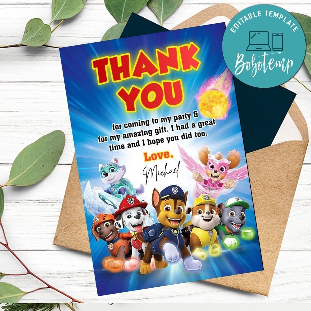 Paw Patrol Mighty Pups Thank You Card Customizable Template DIY Bobotemp
