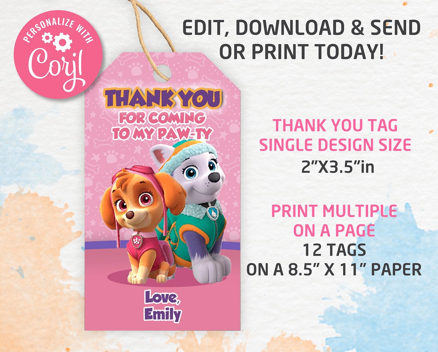 Paw Patrol Thank You Tags Thank You Gifts Template Editable Printable Instant Download Amazinginvite