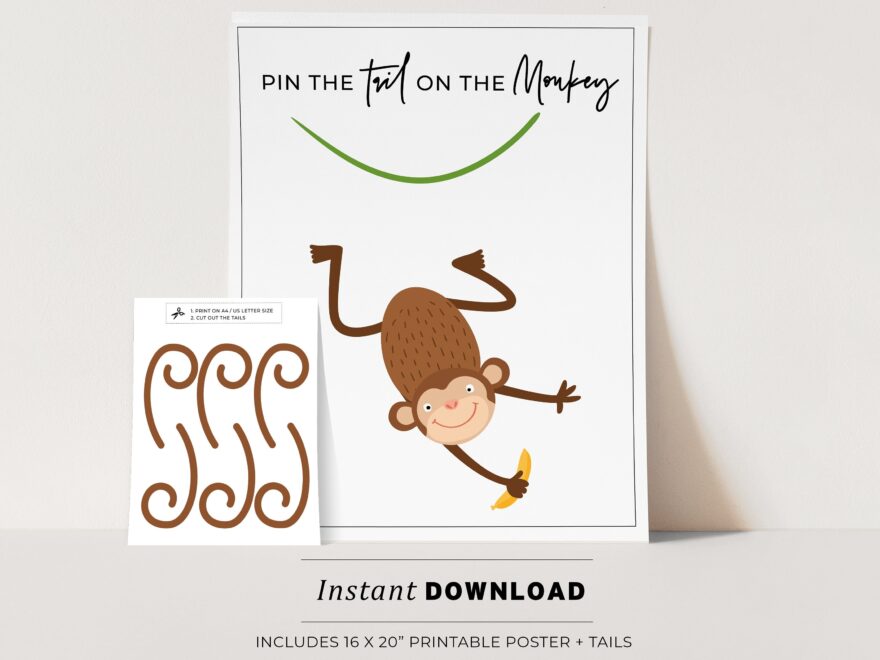 Pin The Tail On The Monkey Kids Party Game Printable Poster Birthday Party Game INSTANT DOWNLOAD