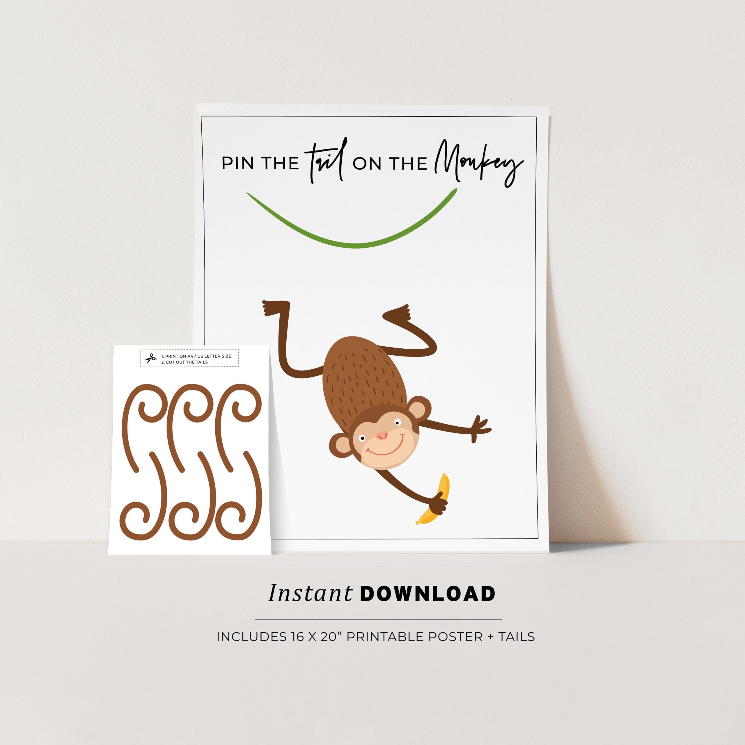 Pin The Tail On The Monkey Kids Party Game Printable Poster Birthday Party Game INSTANT DOWNLOAD