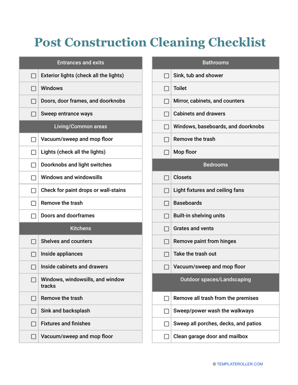 Post Construction Cleaning Checklist Template Download Printable PDF Templateroller