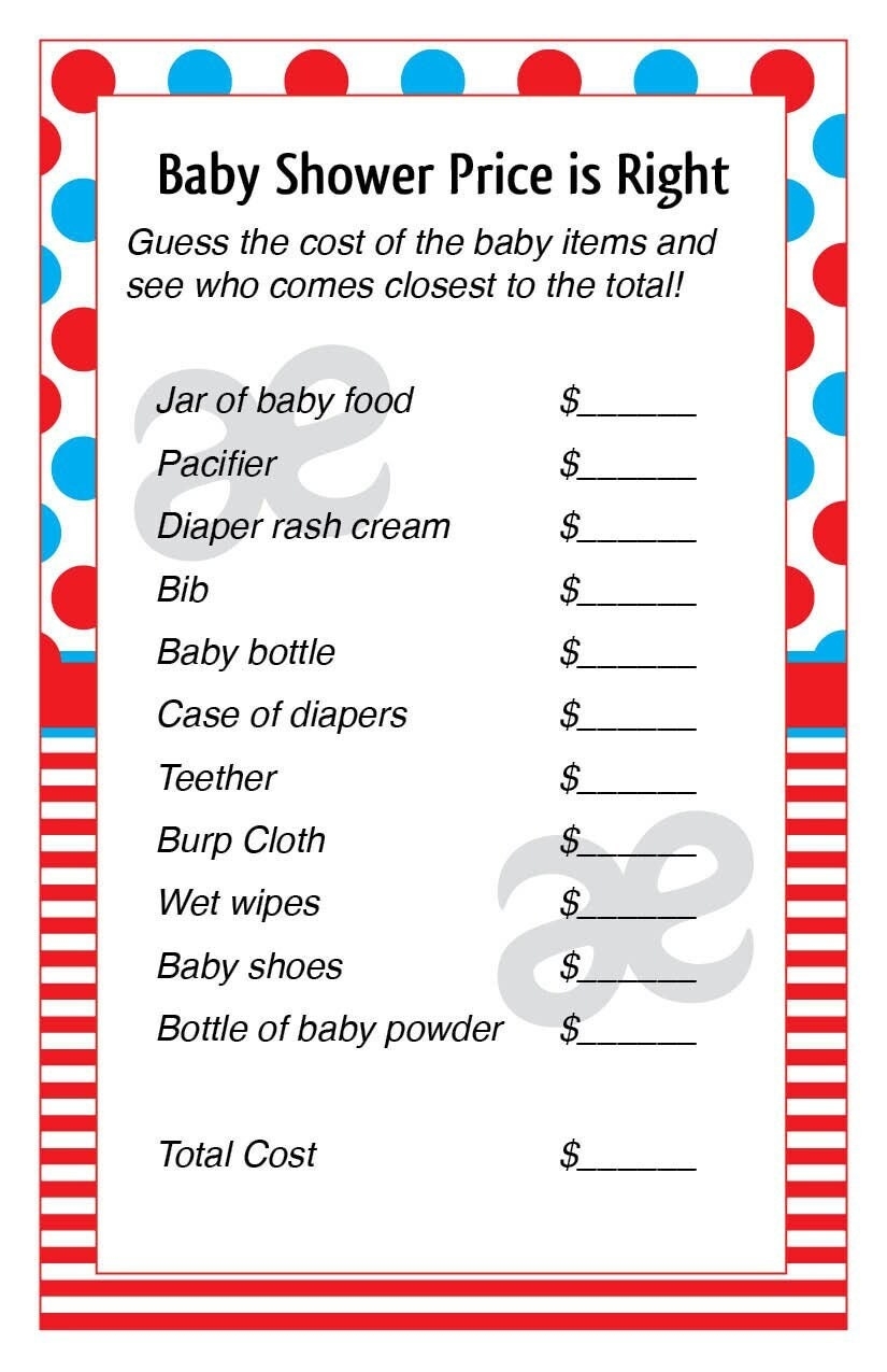 Printable Baby Shower Activity Price Is Right Instant Download Seuss Etsy