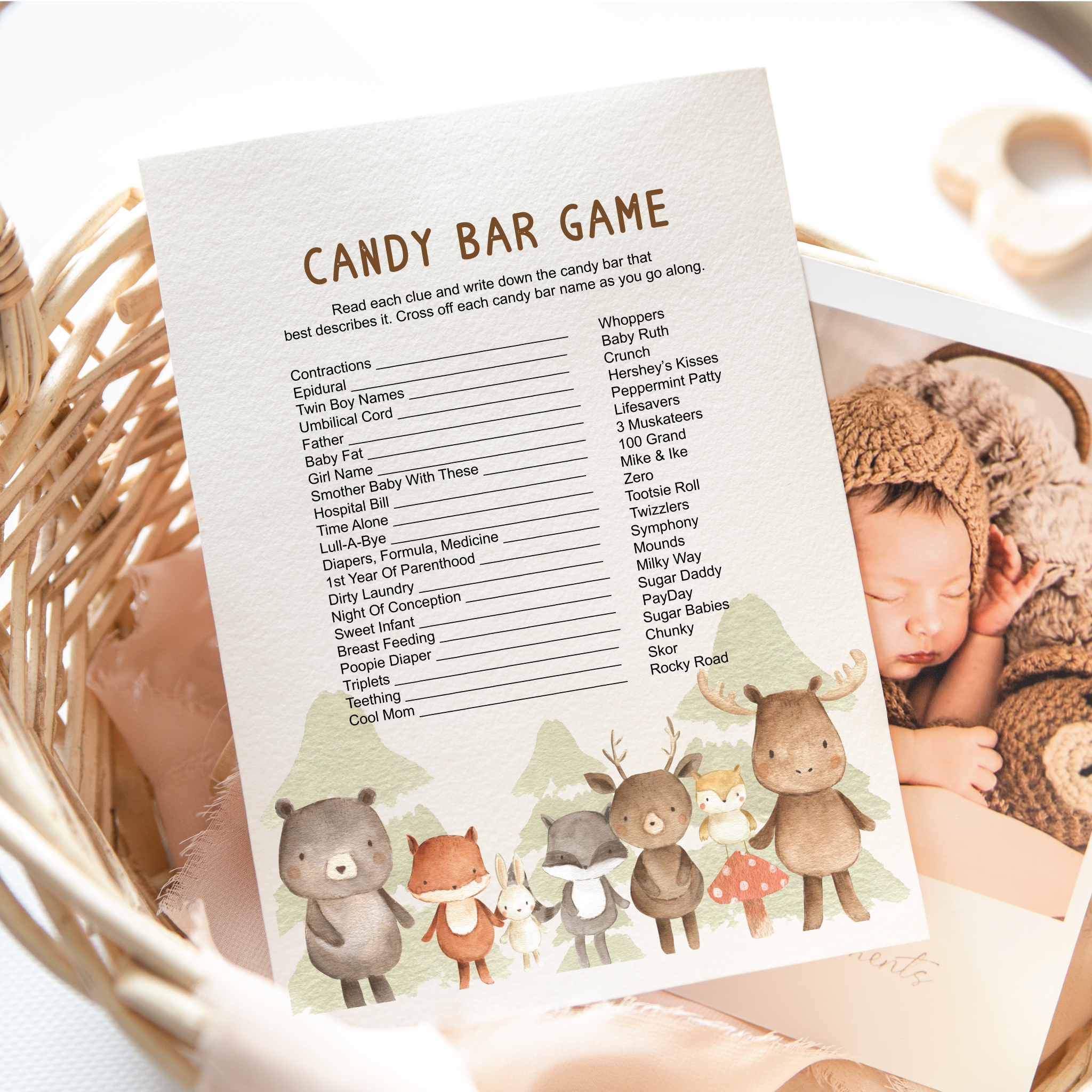 Printable Baby Shower Candy Bar Game Woodland Animals