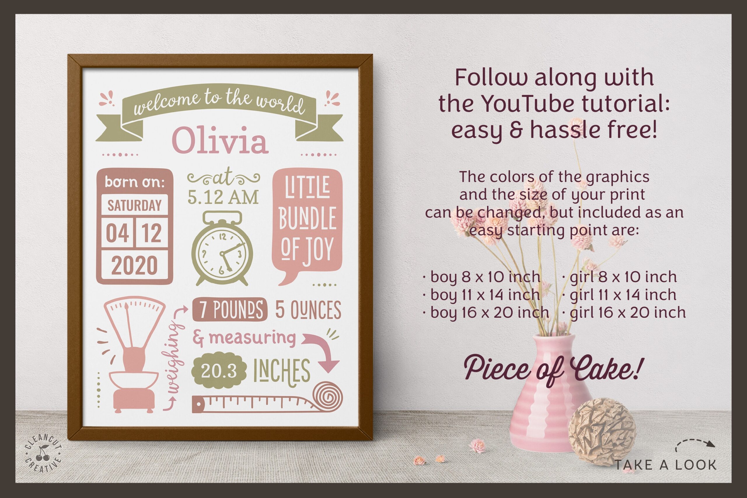 Printable BIRTH ANNOUNCEMENT Template GOOGLE Edit Baby Stats Print By CleanCutCreative TheHungryJPEG