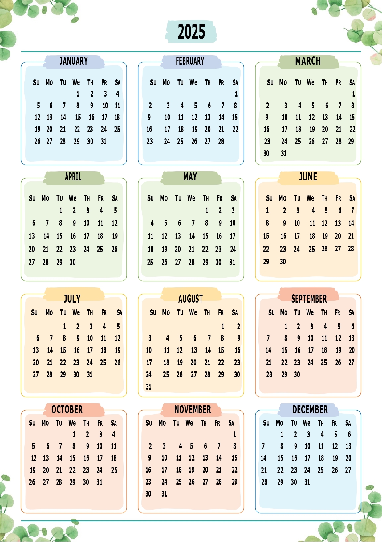 2025 Free Printable Full Year Calendars