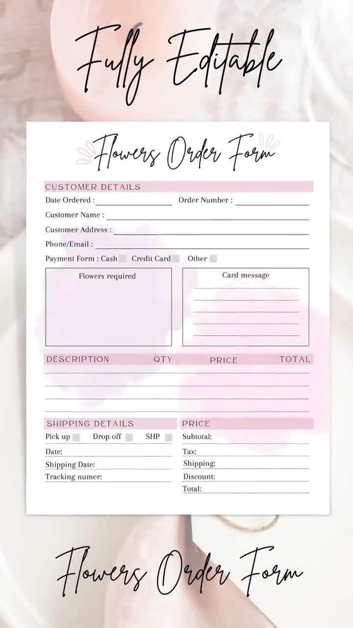 PRINTABLE FLORIST ORDER Form Editable Flowers Order Form Template Florist Business Order Sheet Flowers Order Tracker Document Etsy