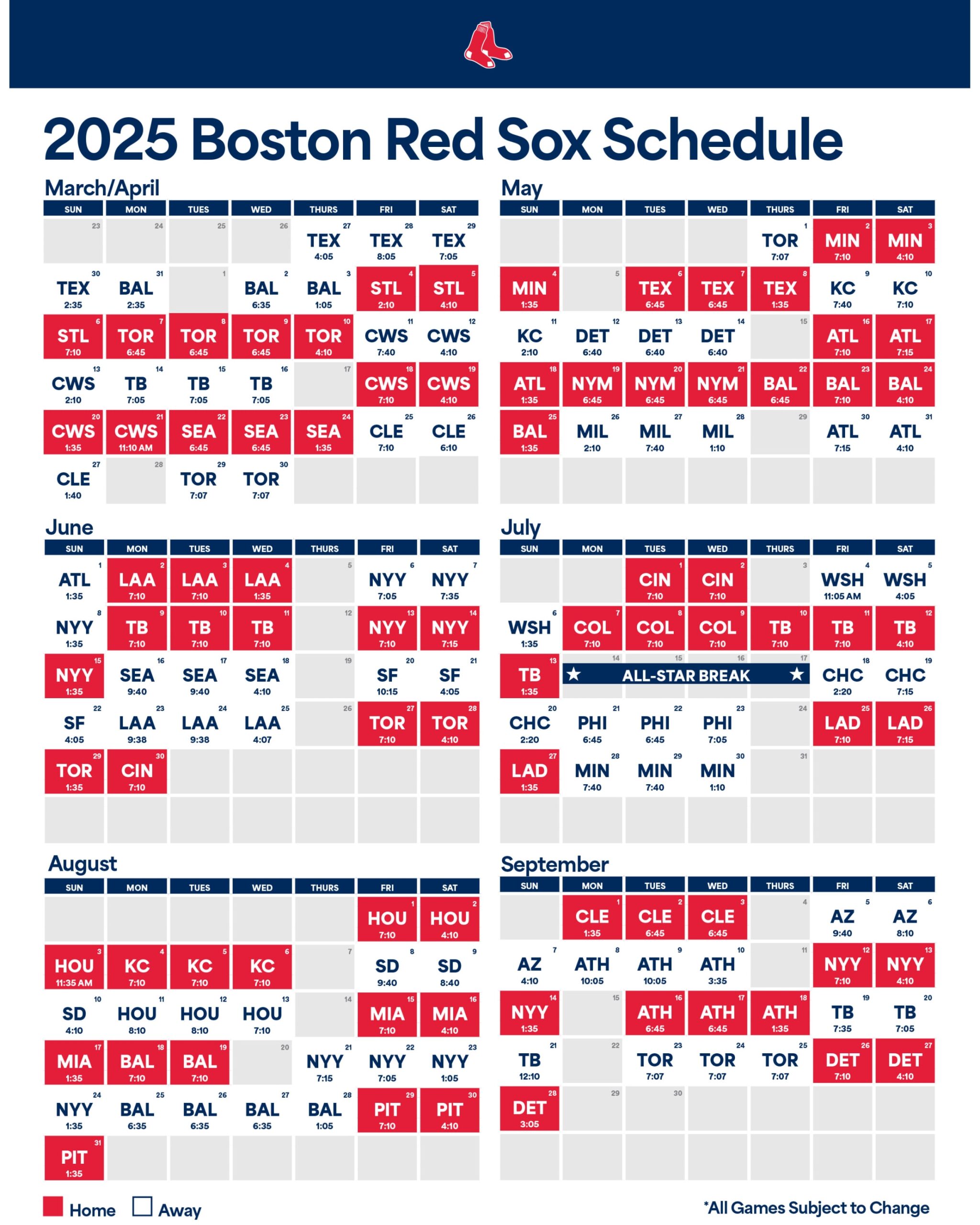 Printable Schedule Boston Red Sox