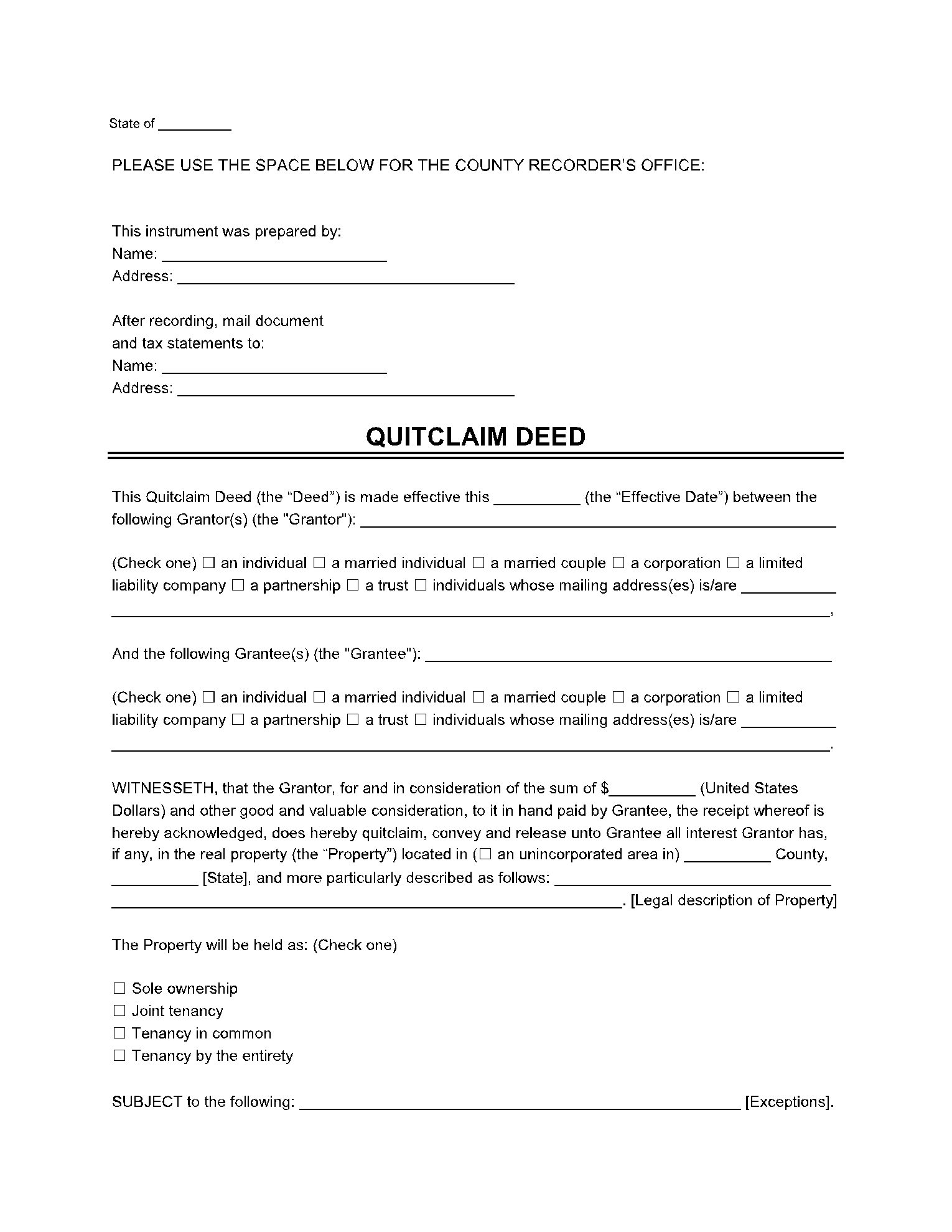 Printable Quit Claim Deed Nc