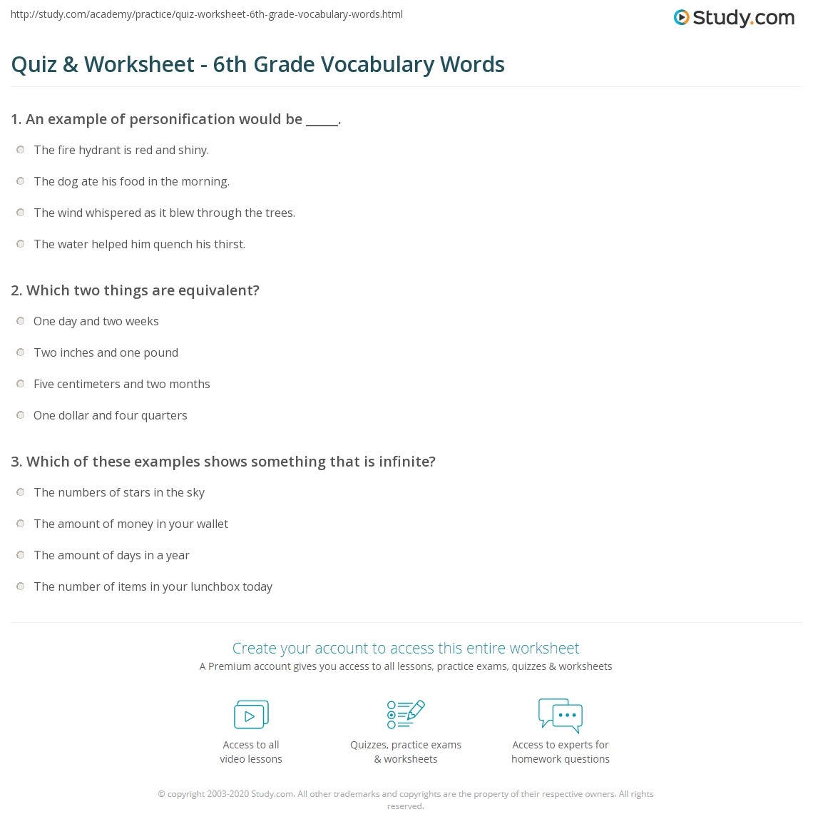 Quiz Worksheet 6th Grade Vocabulary Words Study