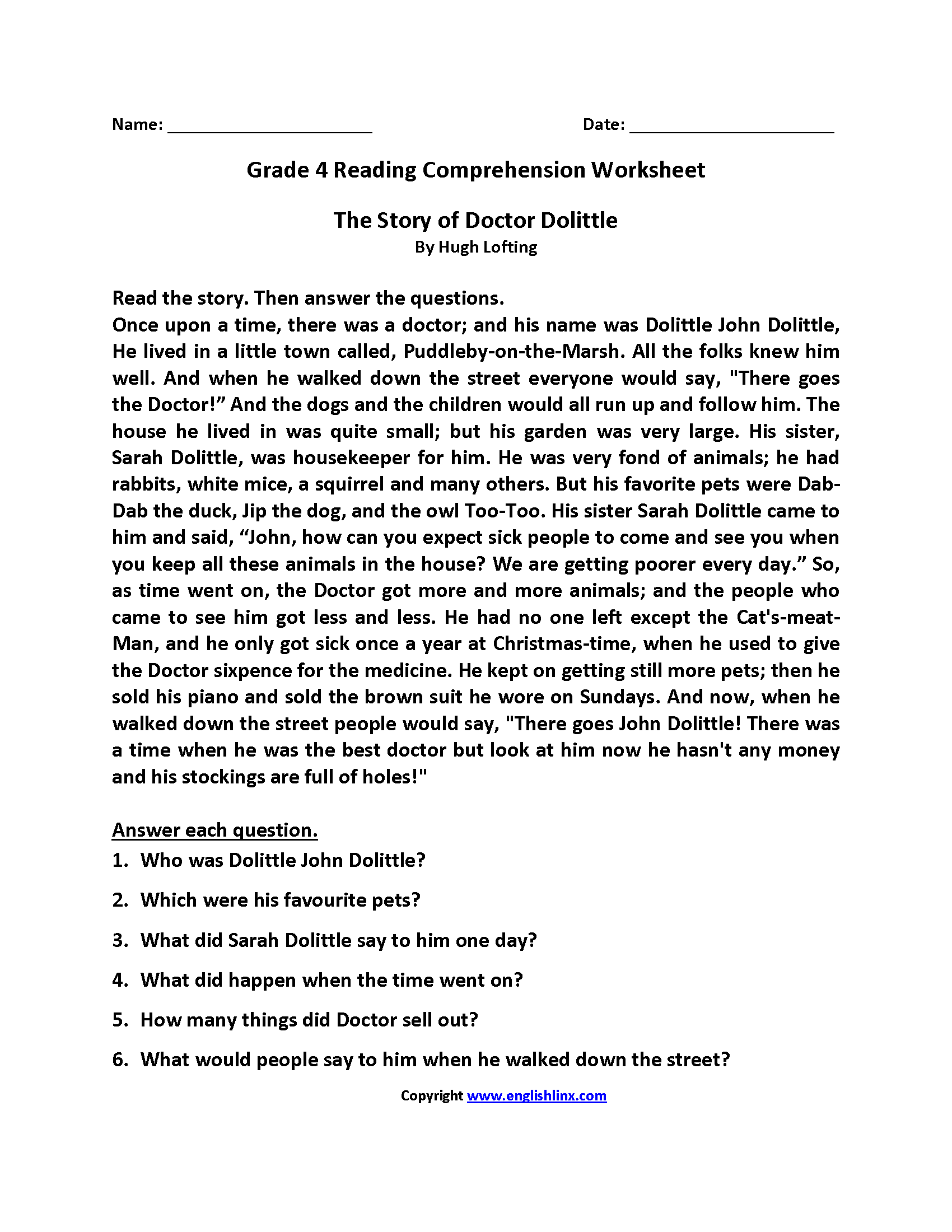 Free Printable Reading Comprehension Worksheets Grade 4