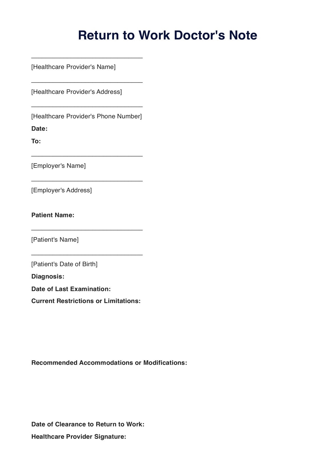 Printable Return To Work Form