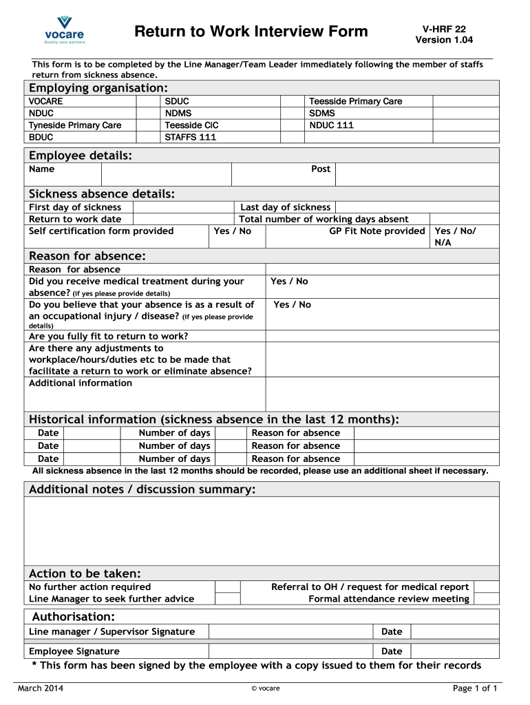 Return To Work Interview Template Fill Online Printable Fillable Blank PdfFiller