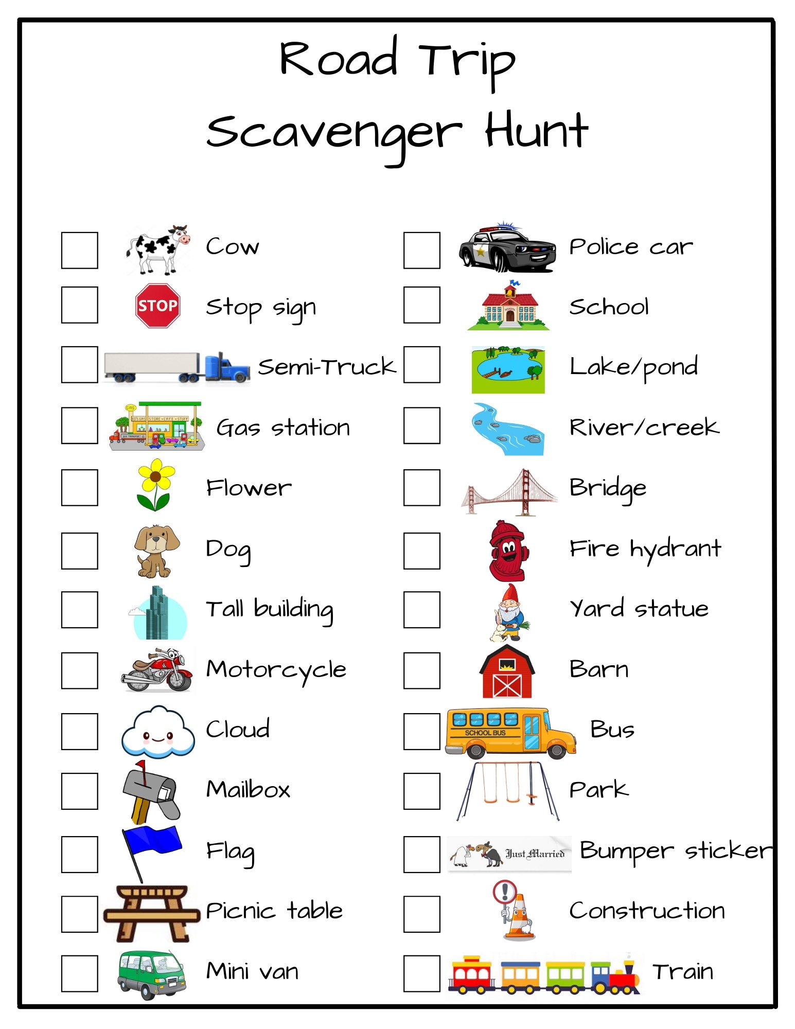 Printable Road Trip Scavenger Hunt For Kindergarten