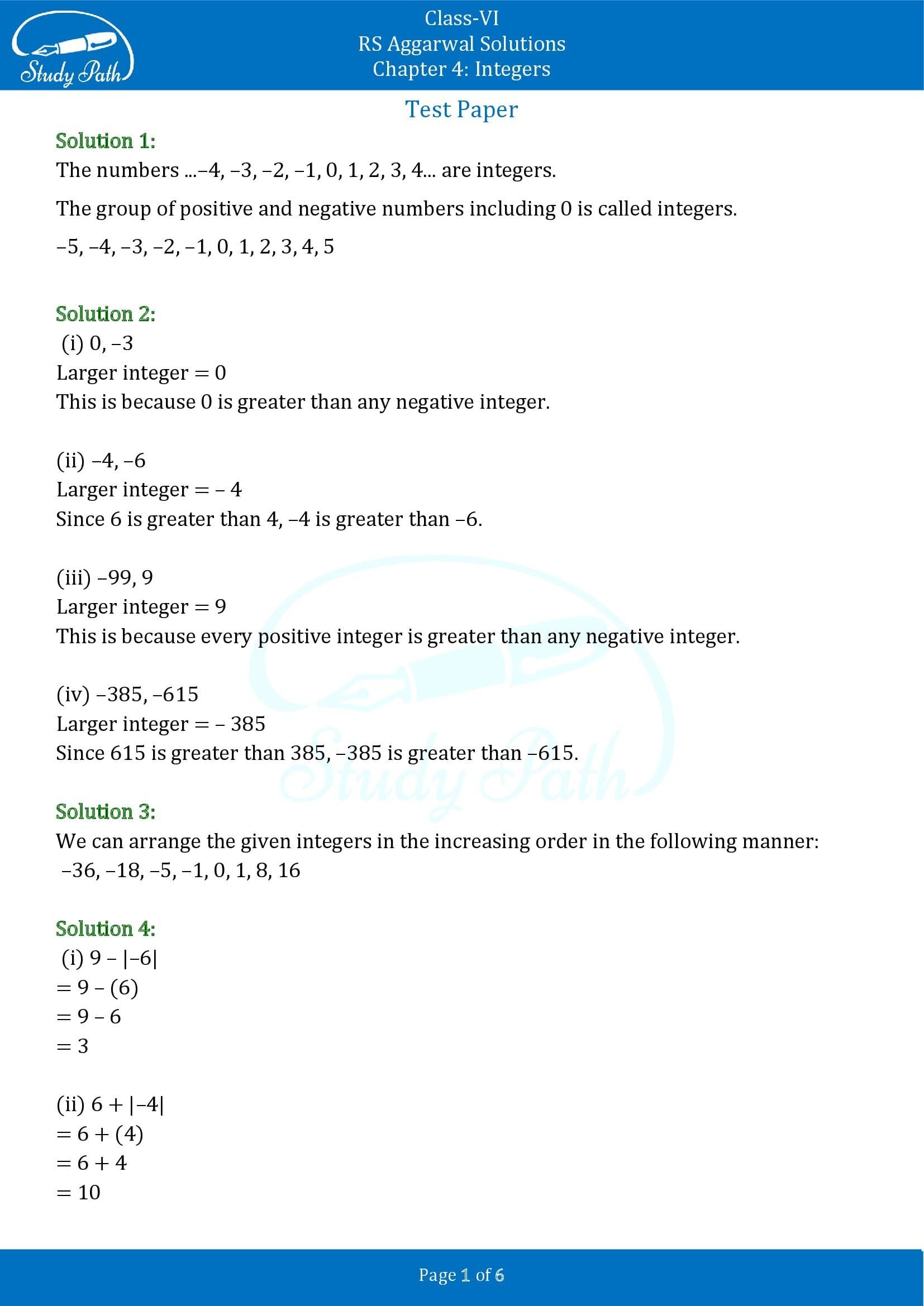 RS Aggarwal Class 6 Solutions Test Paper Chapter 4 Integers Study Path