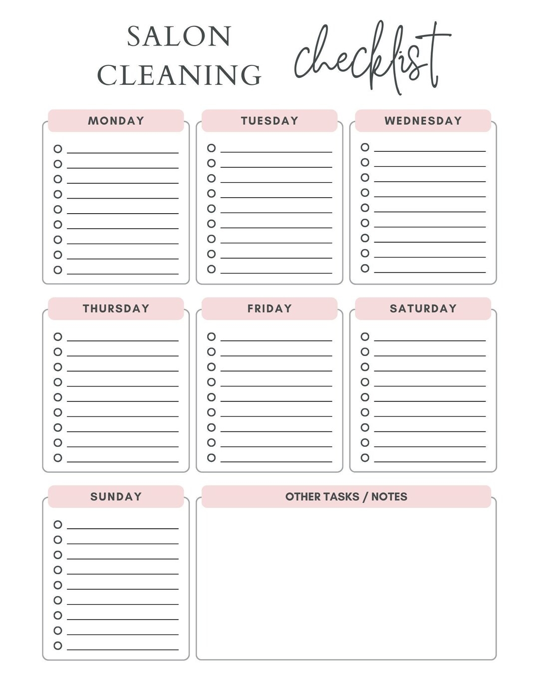 Salon Cleaning Checklist Salon Receptionist Cleaning Duties Salon Employee Cleaning Checklist Printable Cleaning Checklist Etsy