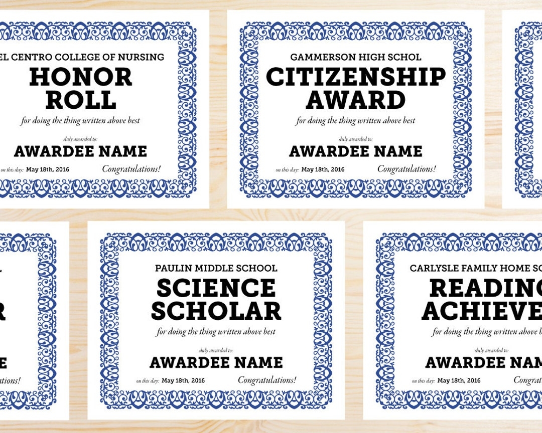 School Award Certificates INSTANT DOWNLOAD PRINTABLE General Purpose Elementary Middle High School Homeschool Blue Etsy