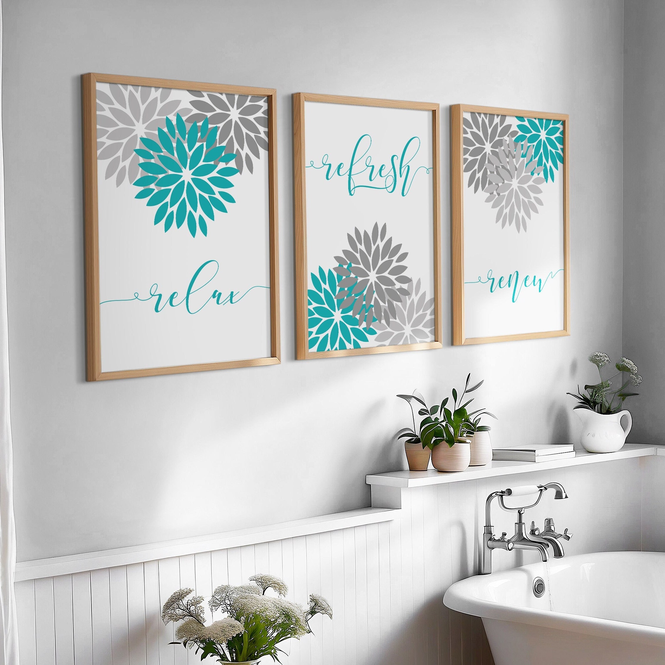 Set Of 3 Teal And Grey Bath Relax Refresh Renew Bathroom Quotes Teal Wall Art Modern Teal Bathroom Turquoise And Grey Bathroom Art Etsy UK